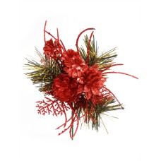 Red Glittered Wreath Pick With Pine Sprigs, Cedar Sprigs, Flowers, A Pine Cone (Lot of 12 Picks) SALE ITEM